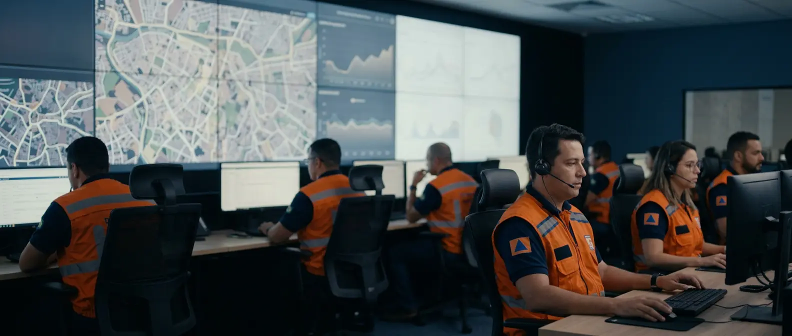 Sala de monitoramento de Defesa Civil em funcionamento 24 horas, com operadores diante de telas.