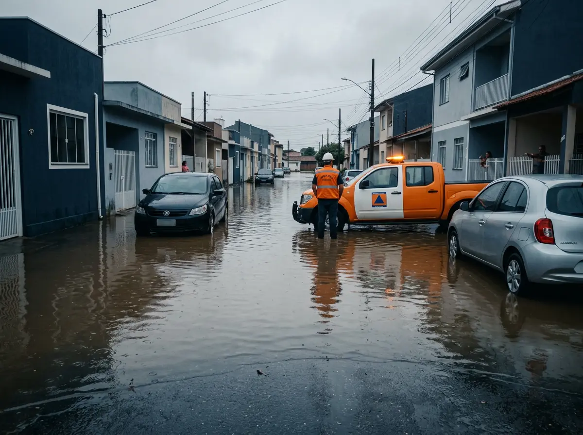 Rua alagada após chuva intensa, cenário típico de ocorrência de Defesa Civil.