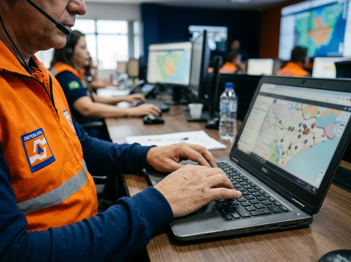 Mãos de uma pessoa despachante digitando no teclado durante o registro de uma ocorrência.