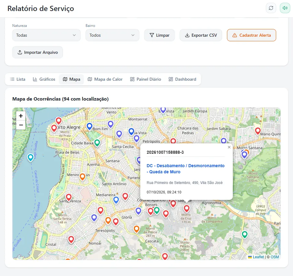 Relatório de Serviço do PulsoDC, com o mapa de ocorrências e os filtros por natureza e bairro.